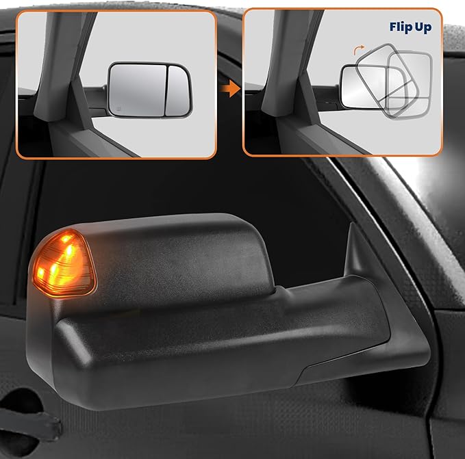 Pair Black Power Heated Towing Mirrors Compatible for 1994-1997 Dodge Ram 1500 2500 3500 w/Led Turn Light Manual Folding