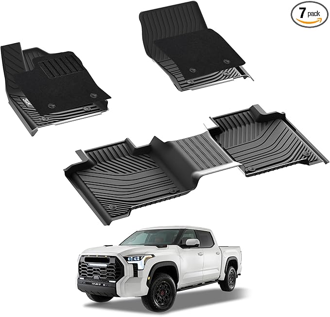 3W Floor Mats & Front Carpets Fit 2022-2026 Toyota Tundra (Only for CrewMax Cab), SR/SR5/TRD PRO/Limited/Platinum/Castone Custom Fit All-Weather TPE Front & Rear Row Floor Liner Black