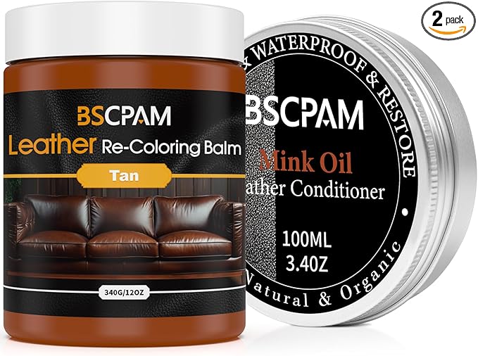 12oz Leather Recoloring Balm & 3.4oz Mink Oil Leather Conditioner kit,Tan Leather Color Repair Kits for Couches, Leather Couch Paint Scratch Repair for Furniture Car Sofa Shoes Leather Dye