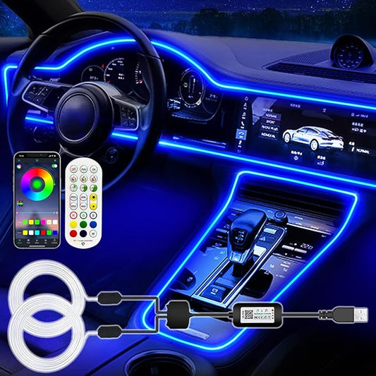 Interior Car LED Strip Lights, RGB USB Ambient Lighting with Fiber Optic, EL Wire Car Accessories (2 in 1)