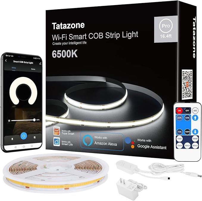 16.4ft 6500K WiFi COB Led Strip Light with App and Remote, Compatible with Alexa and Google, Dimmable Cool White Indoor COB Led Lights for Stair, Kitchen, Cabinet