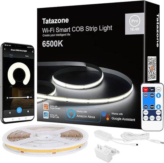 16.4ft 6500K WiFi COB Led Strip Light with App and Remote, Compatible with Alexa and Google, Dimmable Cool White Indoor COB Led Lights for Stair, Kitchen, Cabinet