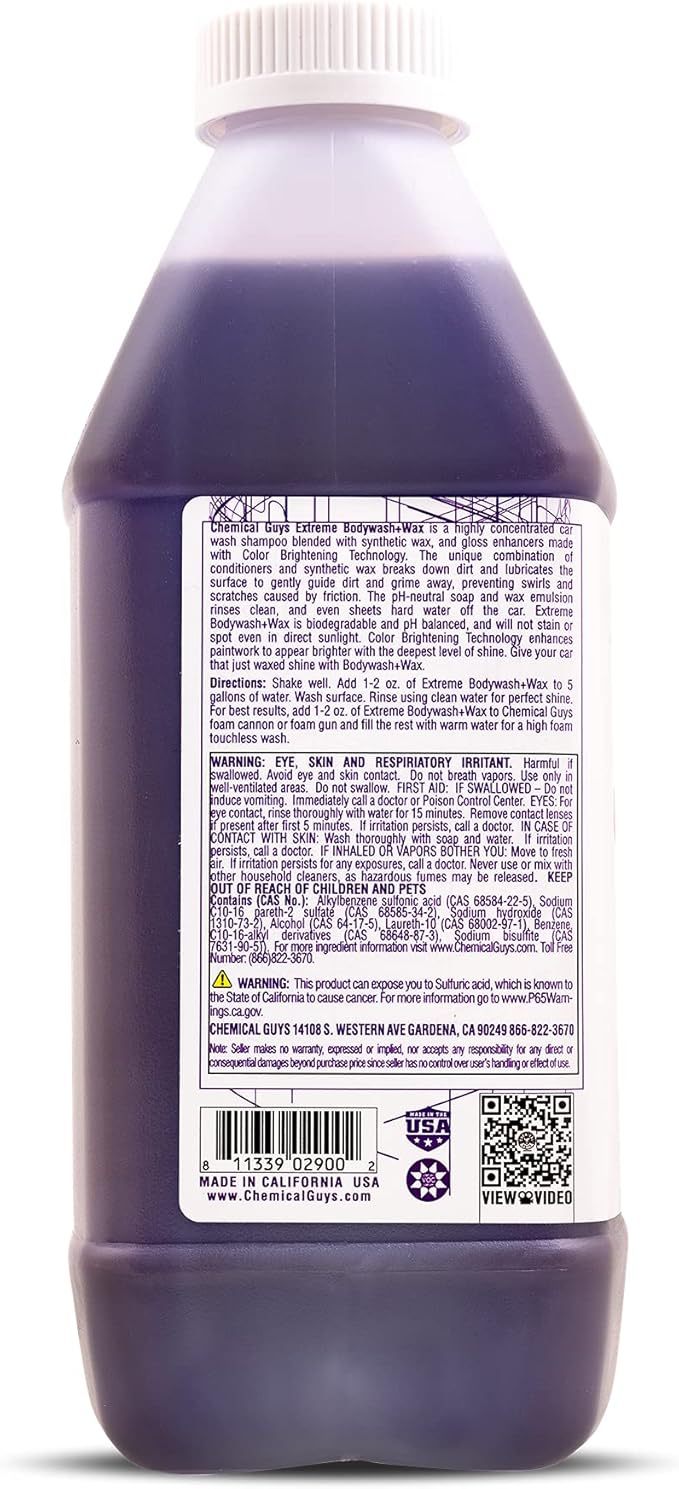 Chemical Guys Extreme Bodywash & Wax Foaming Car Wash Soap - Works with Foam Cannons, Foam Guns, or Bucket Washes for Cars, Trucks, Motorcycles, RVs, and More, Grape Scent - 64 oz (Half Gallon)