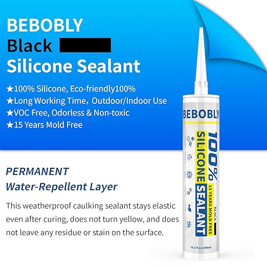 Black Silicone Caulk & Sealant, 100% Waterproof Silicone Caulking, Silicone Sealant Caulking for Kitchen, Bathroom, RV, Interior & Exterior Use, Shrink & Crack Proof, 10.2 FL. OZ/300ML, 12 Pack