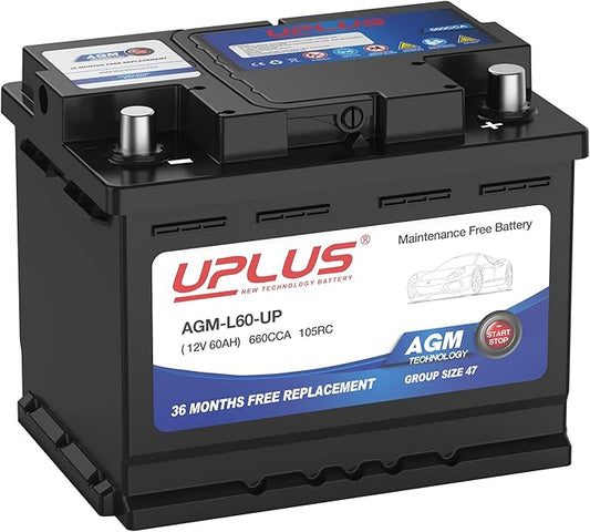 UPLUS BCI Group 47 Car Battery, AGM-L60-UP Maintenance Free 12V 60Ah Premium AGM Batteries H5 L2 Automotive Battery, 660CCA, 105RC