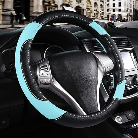 Leather Car Steering Wheel Cover, Non-Slip Car Wheel Cover Protector Breathable Microfiber Leather Universal Fit for Most Cars (Blue)