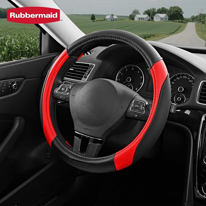 Rubbermaid Steering Wheel Cover – Universal Fit 14.5"–15" Steering Wheel Cover, Anti-Slip Grip, Breathable Leather, All-Season Protection, Interior Upgrade for Cars, Trucks, SUVs - Red