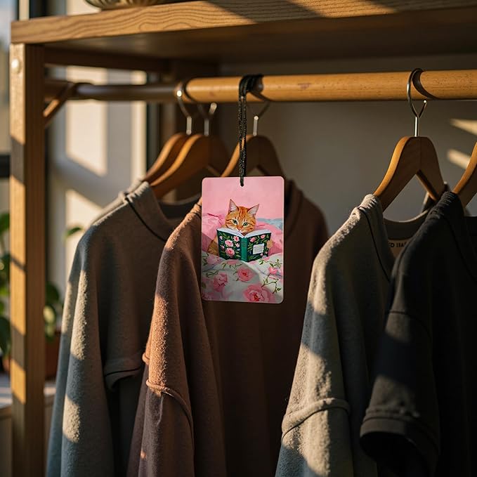 Funny Cat Reader Book Car Air Freshener 4 Pcs, Preppy Pink Floral Black Orange Tabby Cats Bookish Hanging Air Freshener for Car Closet Drawer Books, Girly Car Accessories Mirror Decor for Women