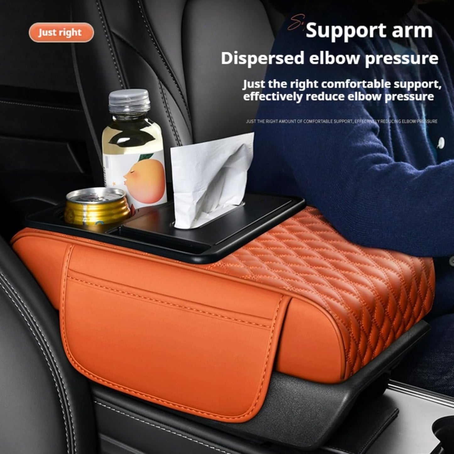 Center Console Cover Organizer, 5-In-1 Arm Rest Cover for Car with Cup Holder & Storage Pocket & Tissue Holder, Armrest Cover Cushion Pad, Water Ripples, Brown