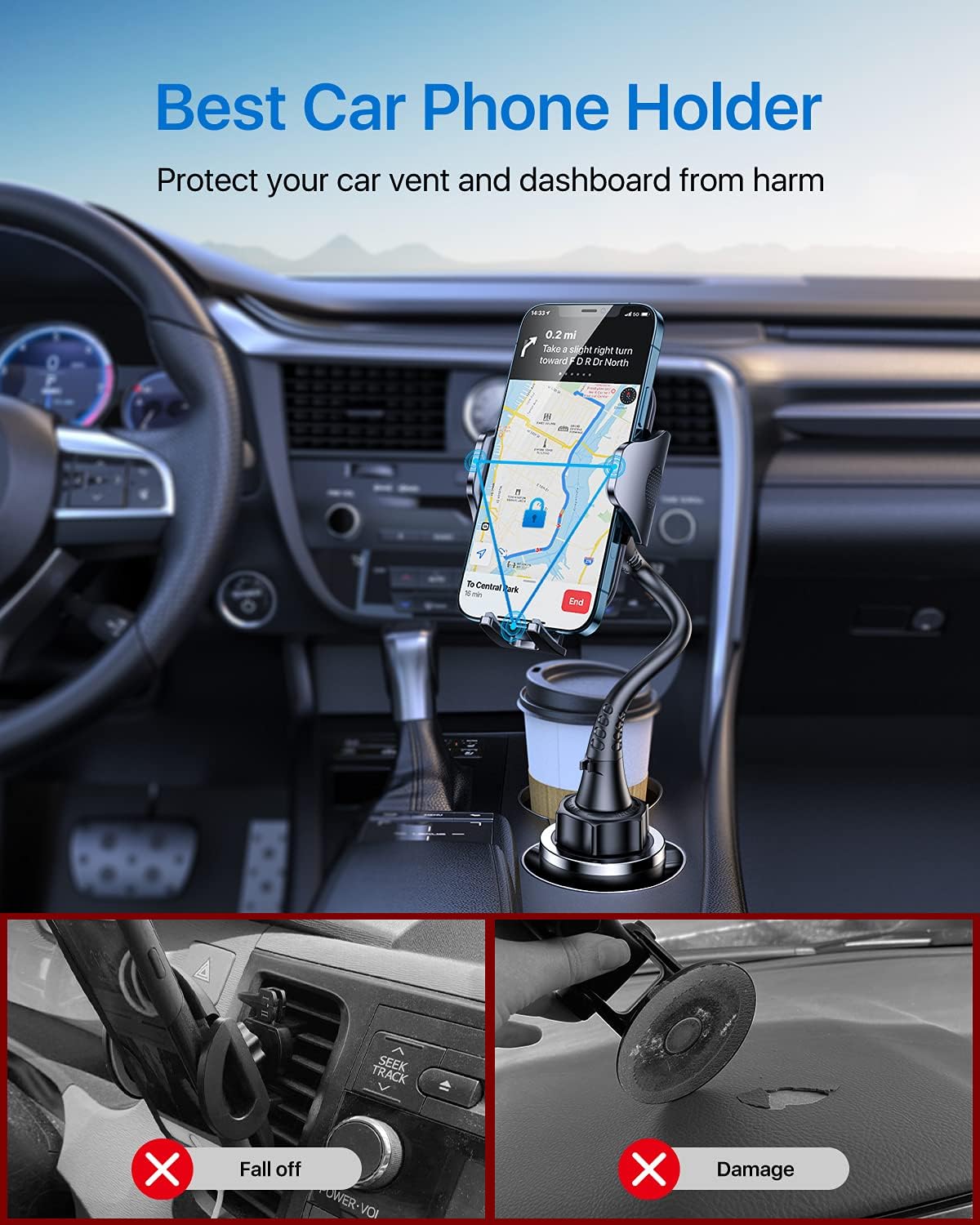 Danmus® Upgraded Car Cup Holder Phone Mount with Extendable Base, [15-in Adjustable Long Gooseneck] [Military-Grade] Car Truck Mount Compatible with iPhone 16 15 14 13 Pro Max Samsung S25 All
