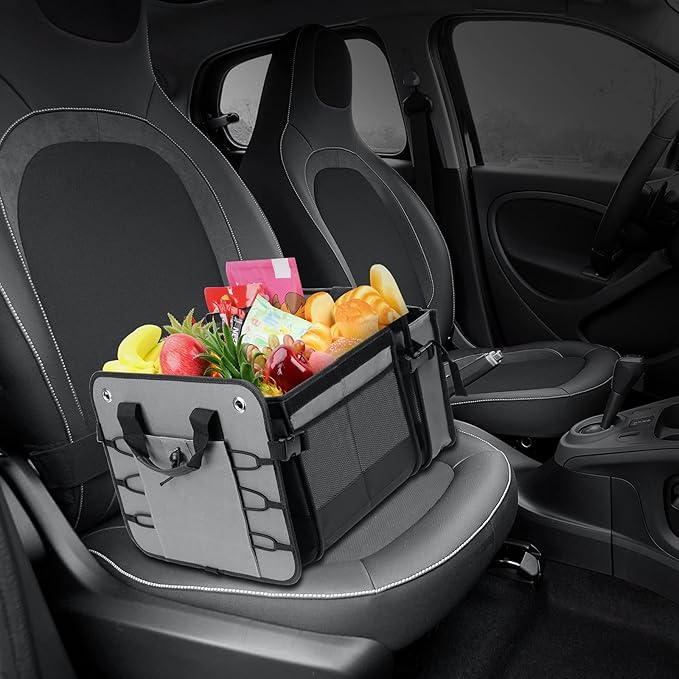 Large Trunk Organizer with Removable Cooler Bag-Collapsible Durable Multi Compartments w/ Foldable Cover, Non Slip Bottom Cargo Storage Suitable for Any Car, SUV, Truck, or Van(3 compartments,Gray）