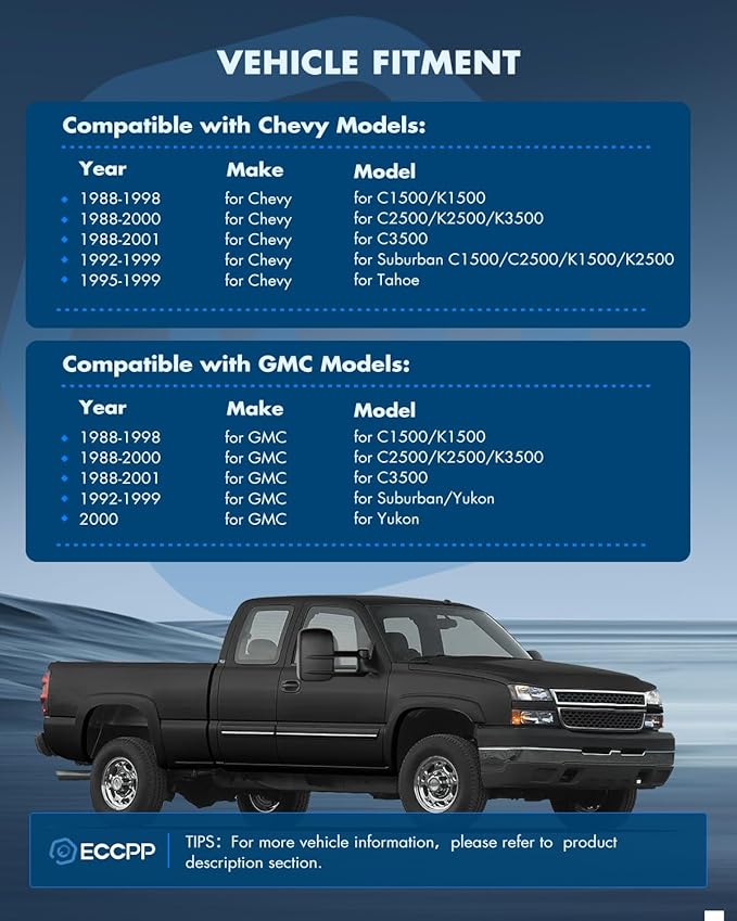 ECCPP Towing Mirrors Tow Mirrors With 1988-1998 For Chevy/For GMC Silverado/Sierra 1500 2500 3500 Pickup Truck Power Adjusted No Heated No Turn Signal Light Black Pickup