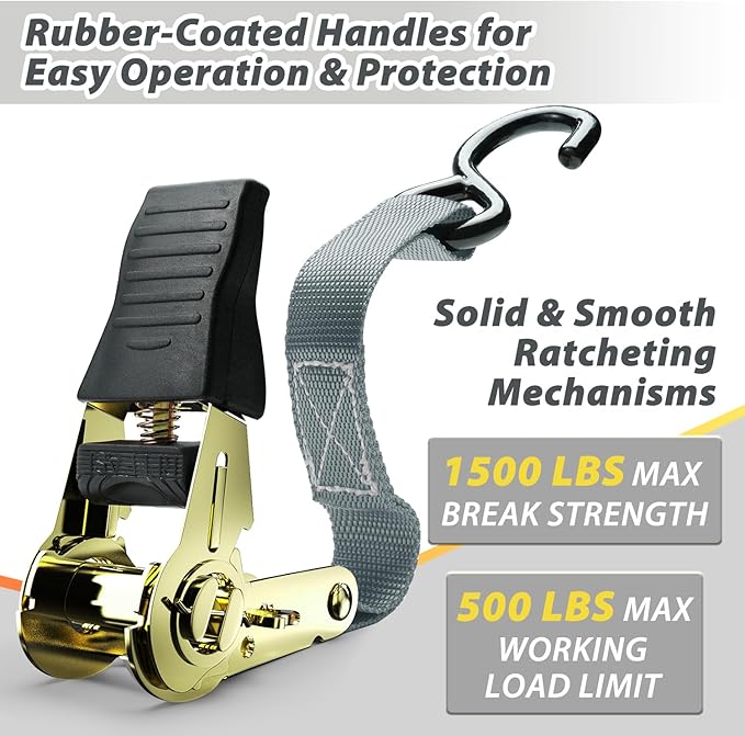 Ratchet Tie Down Strap 15 Ft - 500 lbs Load Cap with 1500 lbs Breaking Limit, Ohuhu Ratchet Tie Downs Logistic Cargo Straps for Moving Appliances, Motorcycle (Grey, 8-Pack)
