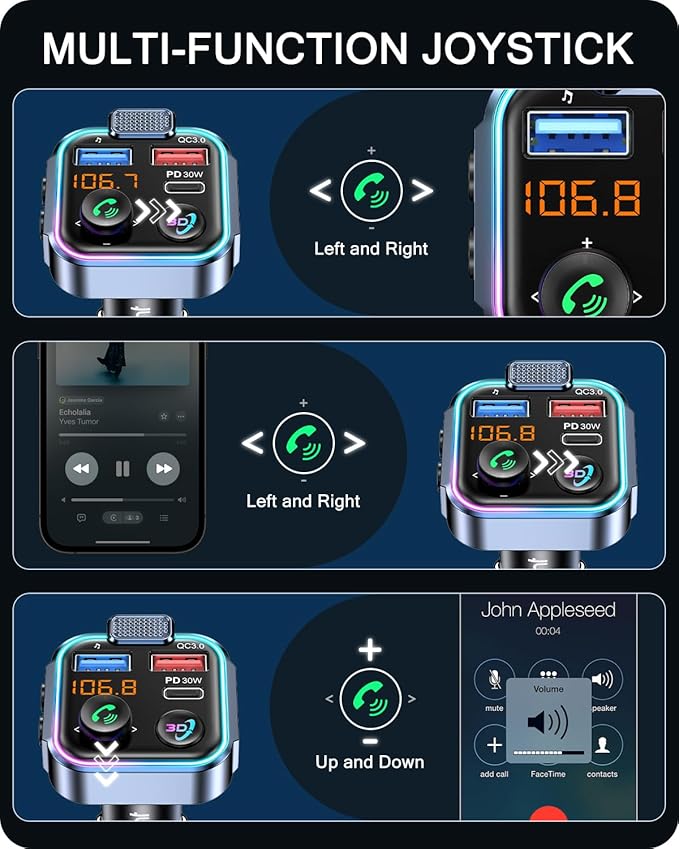 LENCENT Bluetooth 5.3 FM Transmitter, Wireless Radio Adapter Car Kit with Type-C PD 30W+ QC3.0 Fast USB Charger, Hands-Free Calling, Audio Stereo Mp3 Player Receiver, Supports U Disk, Color Light