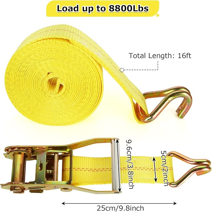 4 Pack 2 Inch Ratchet Straps Heavy Duty 16ft Tie Down Straps Ratchet with Double J Hook, 10000 LBS Break Strength, Cargo Ratchet Straps for Moving, Truck, Trailers, Motorcycles, Kayaks, Car Roof