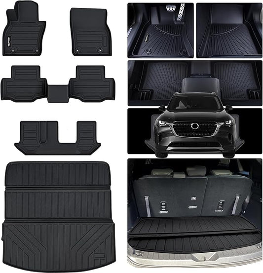 Floor Mats & Trunk mat for 2024 2025 Mazda CX-90 PHEV 8 Seats-2 Row Bench Seat(Not Fit 6&7 Seats) TPE All Weather Protection 3 Rows Car Floor Liners & Cargo Liners for CX90 Accessories