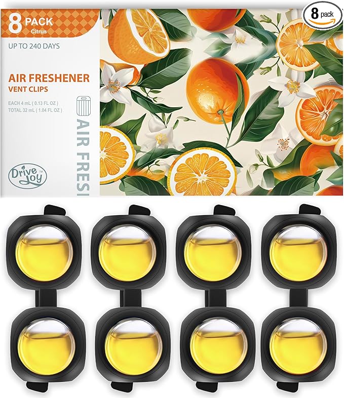 Car Air Freshener Vent Clips, 8 Pack, Provides Long-Lasting Scent, Up to 240 Days, Odor Eliminator (Citrus)