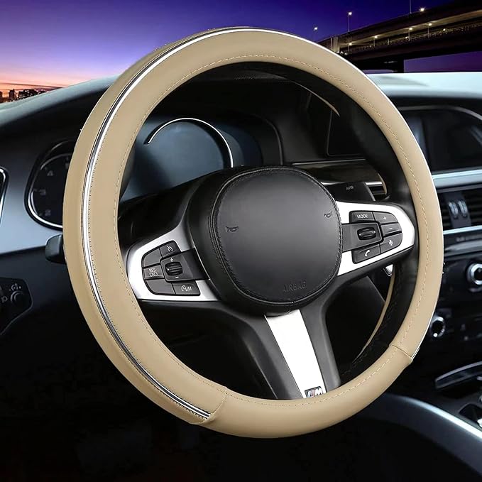Car Steering Wheel Cover, Microfiber Leather Wheel Cover, Bright Strip Cute Steering Wheel Cover Universal 14.5-15 inch Car Accessory, Breathable, Anti-Slip, Warm in Winter and Cool in Summer