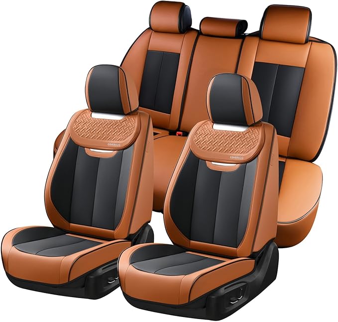 Coverado Car Seat Covers Full Set, Breathable Nappa Leather Seat Covers for Cars, Automotive Seat Covers, Waterproof Front and Back Car Seat Protector Universal Fit Most Cars(Brown&Black)