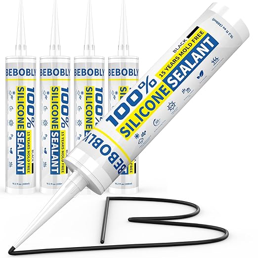 Black Silicone Caulk & Sealant, 100% Waterproof Silicone Caulking, Silicone Sealant Caulking for Kitchen, Bathroom, RV, Interior & Exterior Use, Shrink & Crack Proof, 10.2 FL. OZ/300ML, 4 Pack