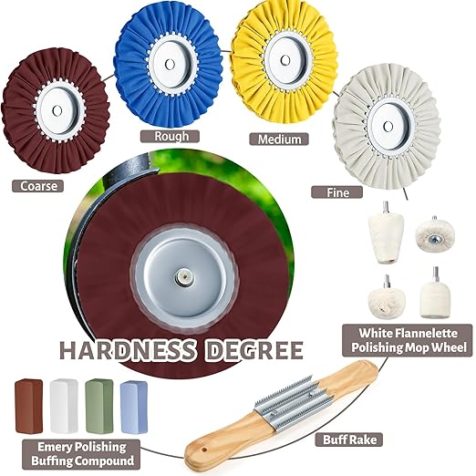 Liliful 15 Pcs 8" Airway Polishing Wheel Kit in Diameter 5/8", Metal Aluminum Buffing Wheel and Polishing Compound and Buffing Drill and Rake Pad for Angle Grinder Mirror Metal Finish (Dark Color)
