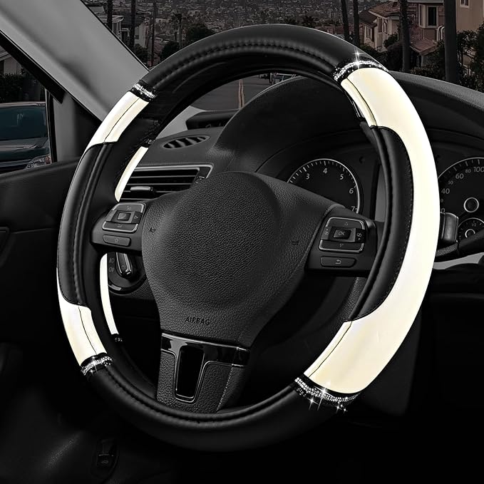 Road Comforts Leather Steering Wheel Cover - Made with PVC Leather - Anti-Slip, Universal Fit 14 1/2 inches to 15 inches - White