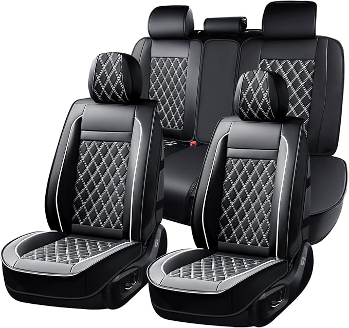 Huidasource Seat Cover 5 Layers, Car Seat Covers Full Set Faux Leather, Seat Covers for SUV, Side Open Design Airbag Pops Out, Front ＆ Back Seats Fit for Most Cars Van Truck Etc(Full Set/Black&White)