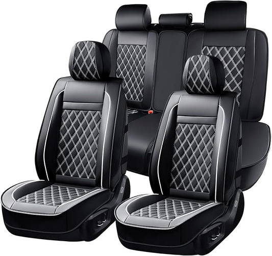 Huidasource Seat Cover 5 Layers, Car Seat Covers Full Set Faux Leather, Seat Covers for SUV, Side Open Design Airbag Pops Out, Front ＆ Back Seats Fit for Most Cars Van Truck Etc(Full Set/Black&White)