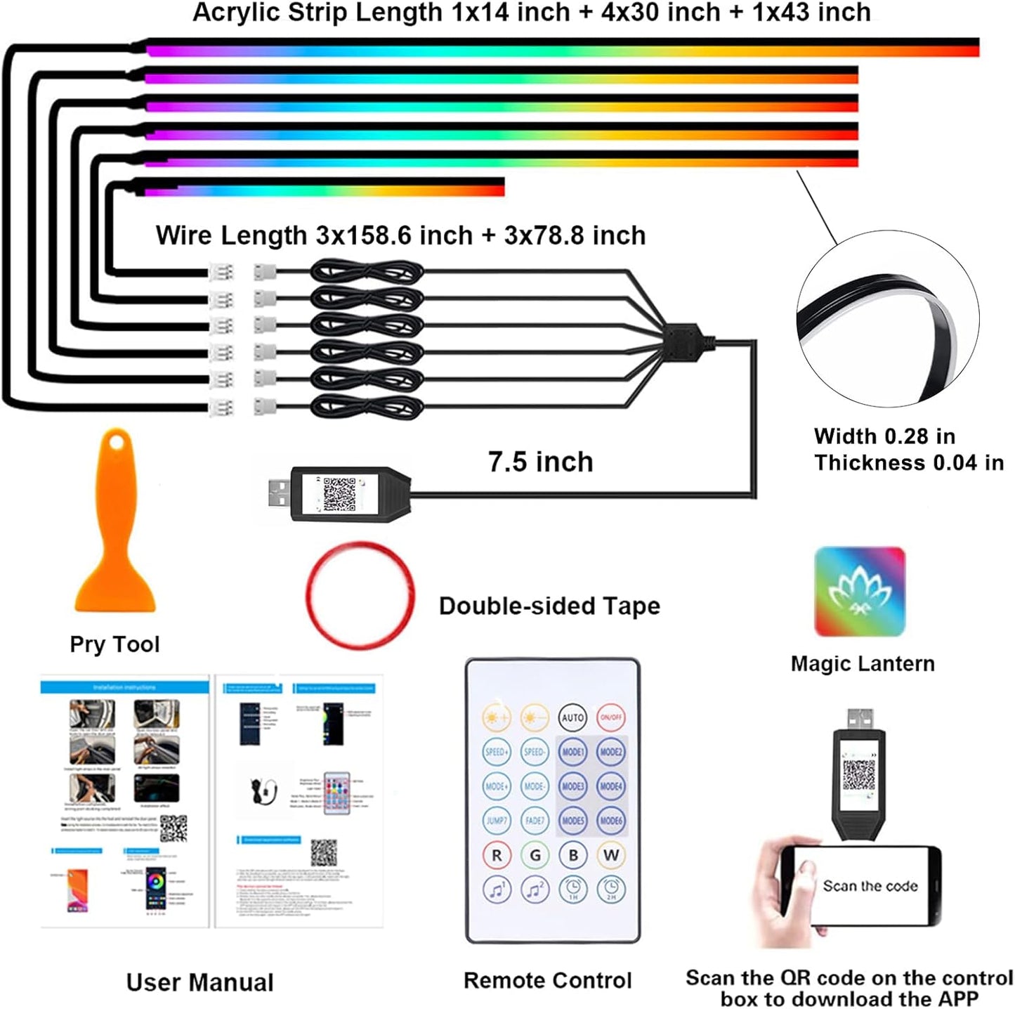 Acrylic Interior Car LED Lights with Wireless APP/Remote/Button Control, 6 in 1 Dreamcolor USB Car Ambient Lighting Kit 16 Million Colors Neon Strip Accessories for Vehicle Inside Decoration