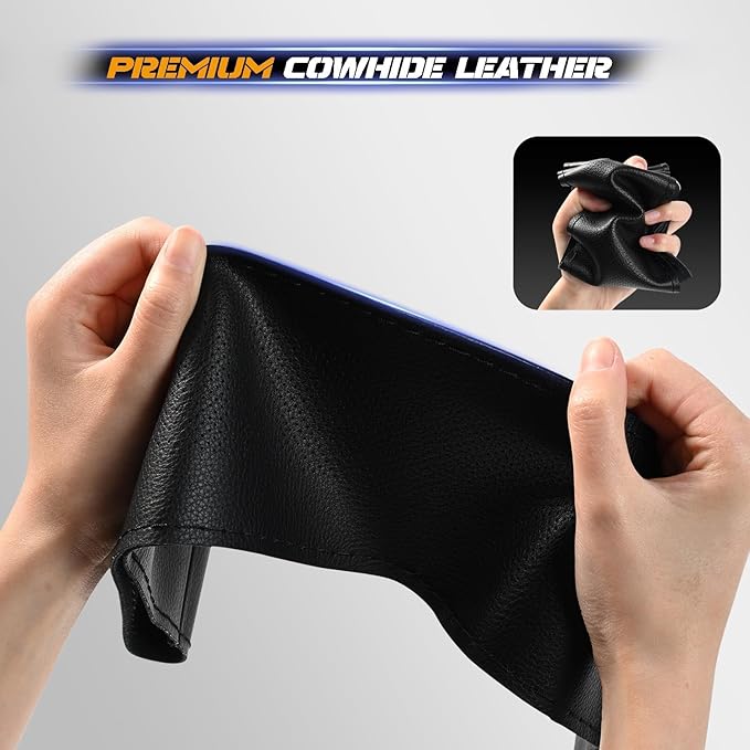 AUTOXBERT 38cm/15 Inch Genuine Leather DIY Steering Wheel Cover Soft Hand Sewing On Wrap Cover with Needles Thread fit for VW Ford Nissan Kia Vauxhall