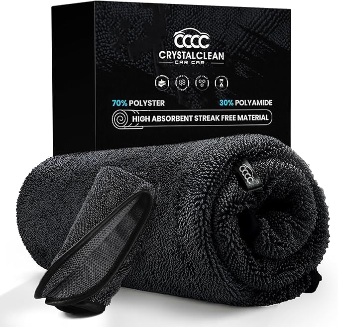 Crystal Clean 1300GSM Microfiber Towels for Cars – XL Drying Towel 2-Pack (24x36 & 12x12) with Double Twisted Loop, Professional Detailing Towel Car Detailers - Quick Dry, Paint Safe & Swirl-Free