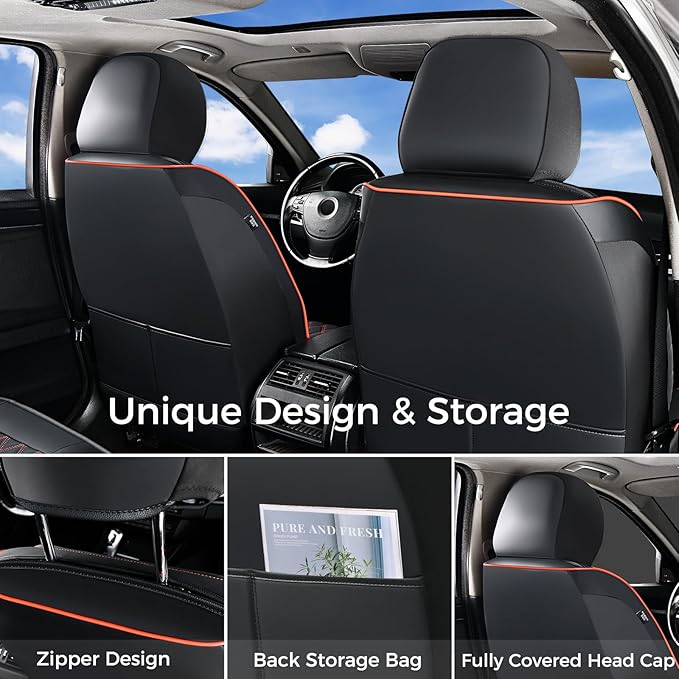 Huidasource Seat Covers for Car, Full-Cover Nappa Leather Car Seat Covers Full Set Waterproof, Black Car Seat Cover Front ＆ Back Seat Fit for Most Cars, Vans, Trucks, SUVs (Full Set/Black&Red)