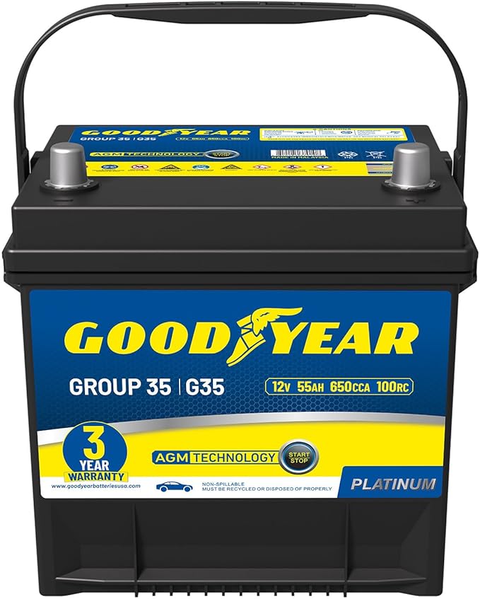 Goodyear 35-AGM BCI Group Size 35 12V 55 AH, 100RC, 650 CCA Platinum series Rechargeable AGM Maintenance Free Automotive Battery