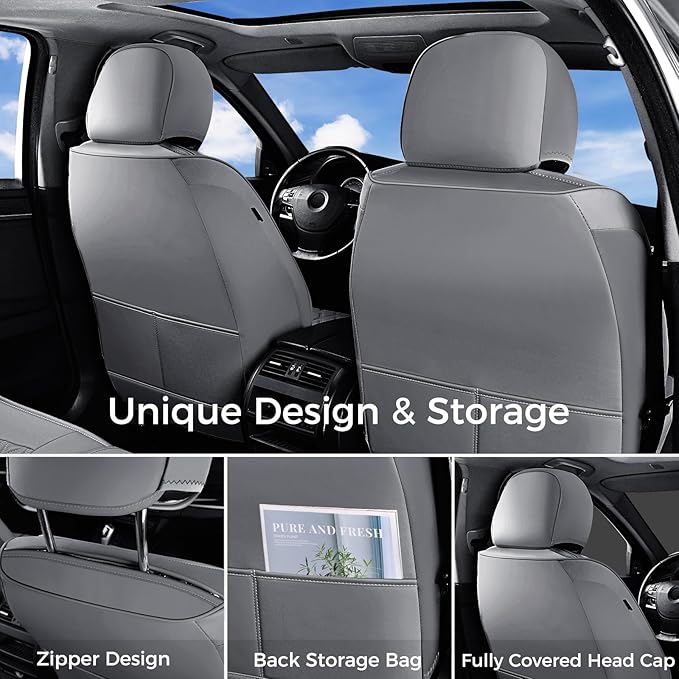 Huidasource Gray Seat Covers Full Set, Gray Seat Covers 5 Seats Waterproof Nappa Leather, Universal Fit for Most Cars,Van,Truck, SUV, Honda Civic Nissan Compass Sentra Focus Explorer(Full Set/Gray)