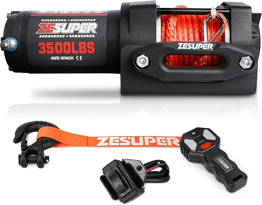 ZESUPER 3500 lb 12V DC Electric Winch 30 ft Synthetic Rope UTV ATV Boat Trailer Winches Off Road Waterproof Towing Winch Kits with Wireless Remote Mounting Plate