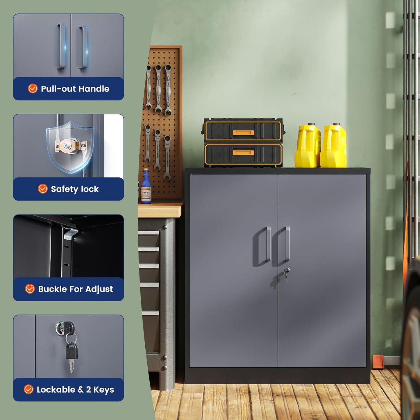 Yizosh Metal Garage Storage Cabinet with 2 Doors and 2 Adjustable Shelves - 35.5" Steel Lockable File Cabinet for Home Office,Garage,Gym,School（Gray Black）