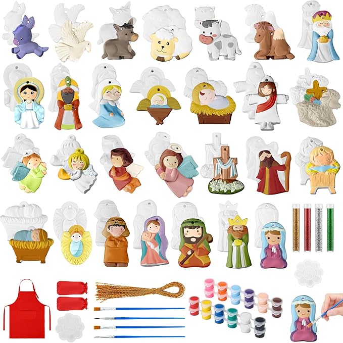 TecUnite 28 Pcs Ceramic to Paint Christmas Ornament Crafts Adults Unpainted DIY Ceramic Figurines Decorate and Paint Your Own Ornaments Kits DIY Craft Xmas Holiday Activities(Religious)