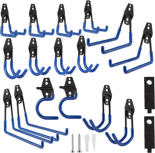 Garage Hook Heavy Duty Wall Storage Hangers, 18 Pack Garage Storage Hooks Steel Tool Blue for Ladders, Ropes, Garden Tools