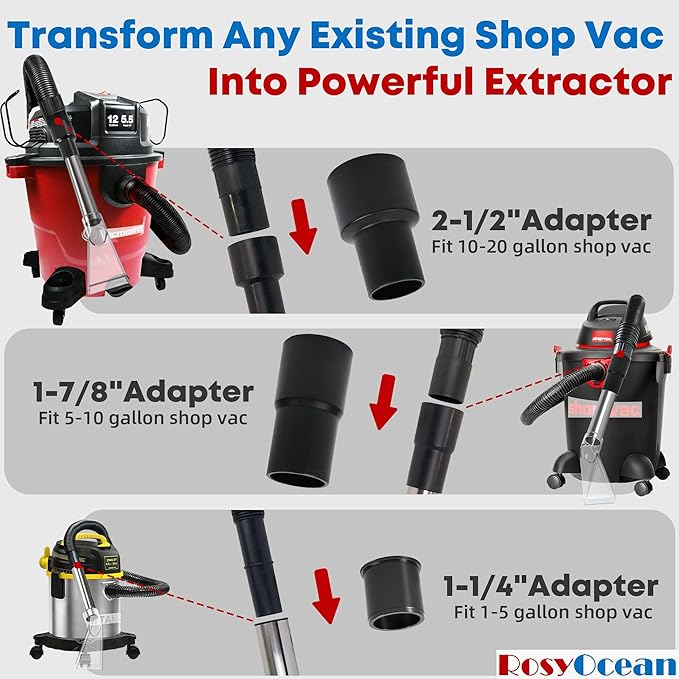 Universal Compatible with All Shop Vacs Extractor Attachment with 2-1/2" & 1-7/8" & 1-1/4" Three Adapters Auto Detailing Vacuum Head Extraction Accessories for Upholstery & Carpet Cleaning