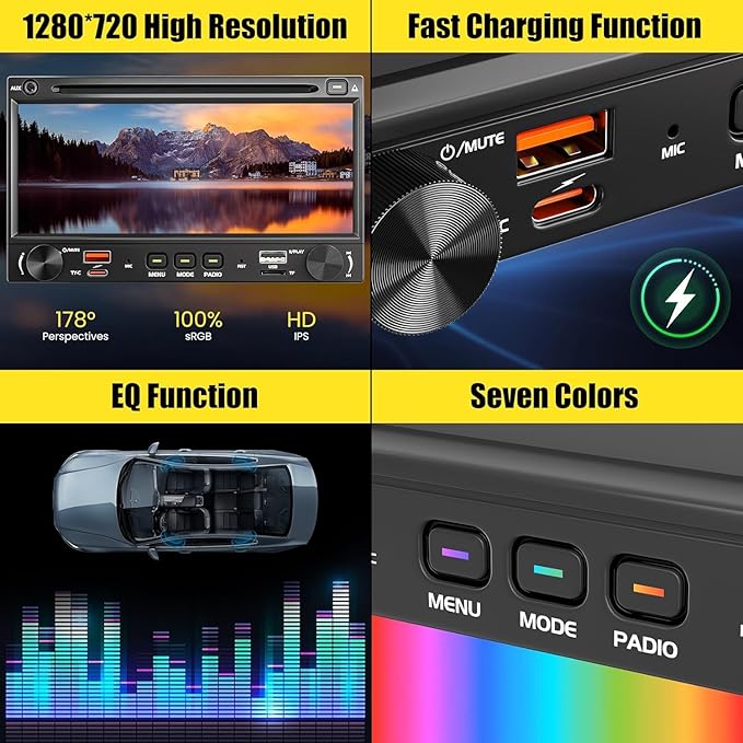 Wireless Double Din Car Stereo Radio with CD/DVD Player, Carplay & Android Auto, 7 inch Car Audio with HD Touchscreen, Bluetooth, Mirror Link, Backup Camera, SWC, FM/AM, USB/SD, A/V Input