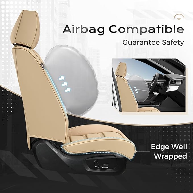 Coverado Car Seat Covers Full Set, Seat Covers for Cars, Front Seat Covers and Back Seat Cover Waterproof Leather Automotive Seat Cover, Universal Car Interior Protectors Cushion for Most Cars Beige