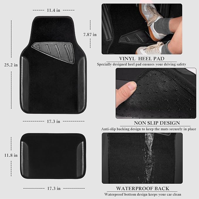 CAR PASS Microfiber Leather Steering Wheel Cover and Waterproof Car Floor Mats,Universal Car Combo Fit for 95% Sedan,SUV,Cars,14.5-15inch Anti-Slip Safety Comfortable Faux Leather Design(Solid Black)