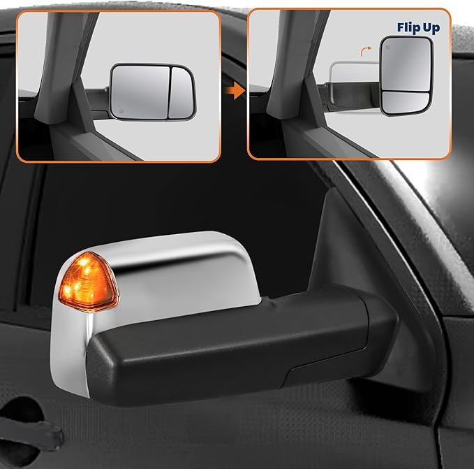 Pair Chrome Power Heated Towing Mirrors Compatible for 2002-2008 Dodge Ram 1500/2003-2009 Ram 2500 3500 w/Led Turn Light