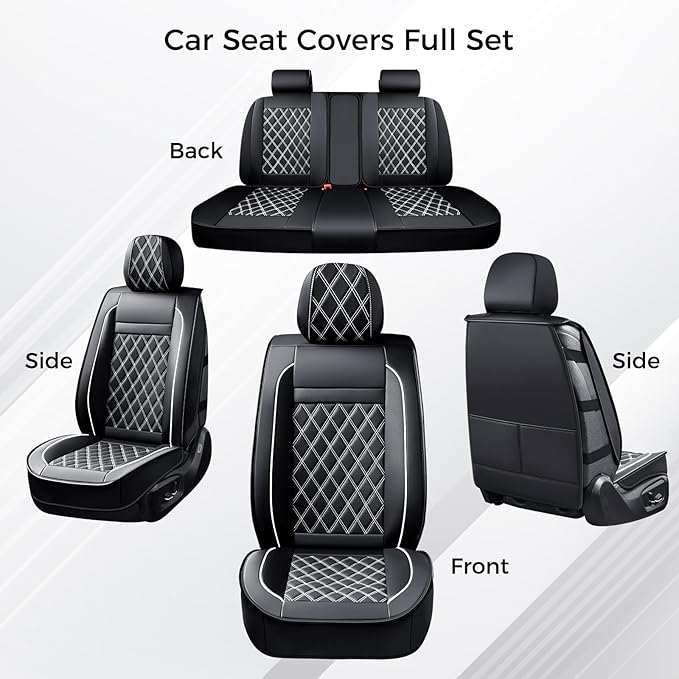 Huidasource Seat Cover 5 Layers, Car Seat Covers Full Set Faux Leather, Seat Covers for SUV, Side Open Design Airbag Pops Out, Front ＆ Back Seats Fit for Most Cars Van Truck Etc(Full Set/Black&White)