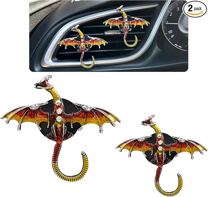 Dargon Car Accessories,Fire Dragon Air Vent Clips Car Air Freshener,2pcs Bling Red Yellow Enamel Wyvern Dashboard Decorations,Refillable Outlet Diffuser