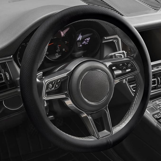 Genuine Leather Steering Wheel Cover for Men Women with Upgraded Silicone Inner Ring, Thin, Non-Slip, Breathable, Odorless, Universal 14.5-15 Inch (Pure Black, Genuine Leather)