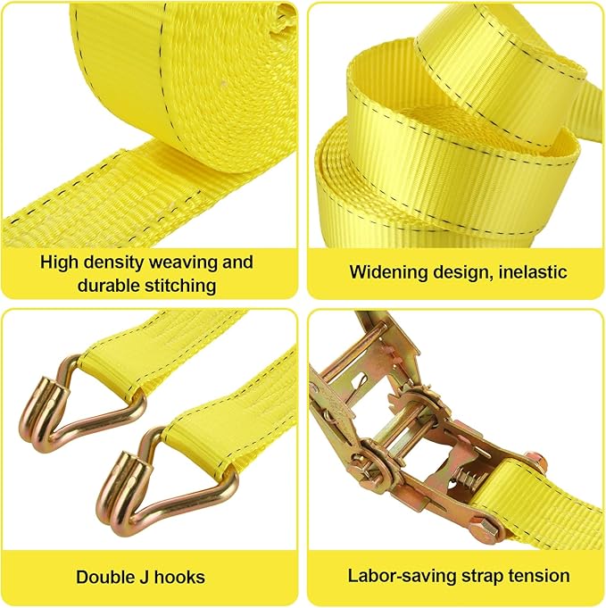 4 Pack 2 Inch Ratchet Straps Heavy Duty 20ft Tie Down Straps Ratchet with Double J Hook, 10000 LBS Break Strength, Cargo Ratchet Straps for Moving, Truck, Trailers, Motorcycles, Kayaks, Car Roof
