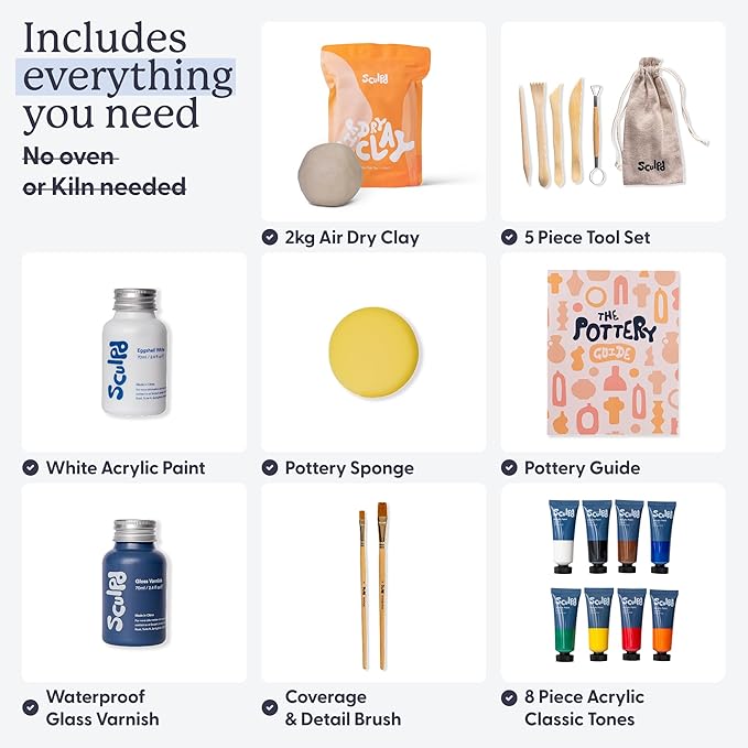 Sculpd - The Original Pottery Kit - Complete Air Dry Clay Kit for Adults Includes Sculpting Tools, Varnish, Paint Brushes, Guides, Arts & Crafts Sets, Gloss Varnish with Classic Tones