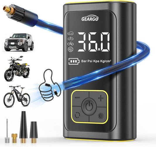 GEARGO Portable Tire Inflator Air Compressor 150PSI Cordless Air Pump for Car, Motorcycle, Bicycle Tires, Balls, 3X Faster Auto Smart Air Pump with Digital Pressure Gauge, LED Light, Black Yellow