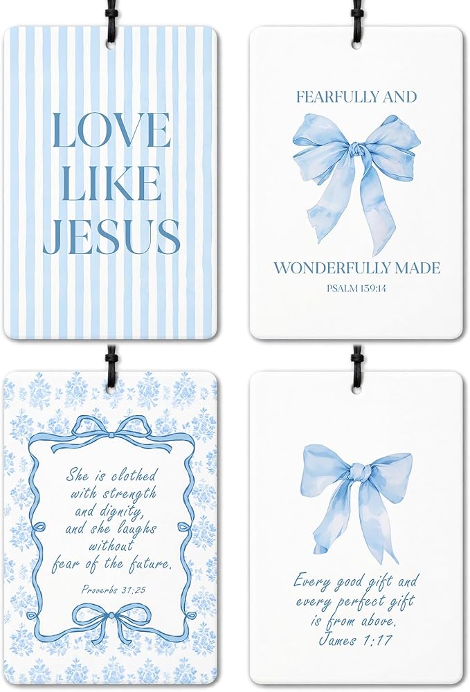 Blue Preppy Christian Car Air Freshener 4 Pcs, Coquette Blue Bow Inspirational Bible Verse Hanging Air Freshener for Cars Closet Drawer Books, Christian Girly Car Accessories for Women